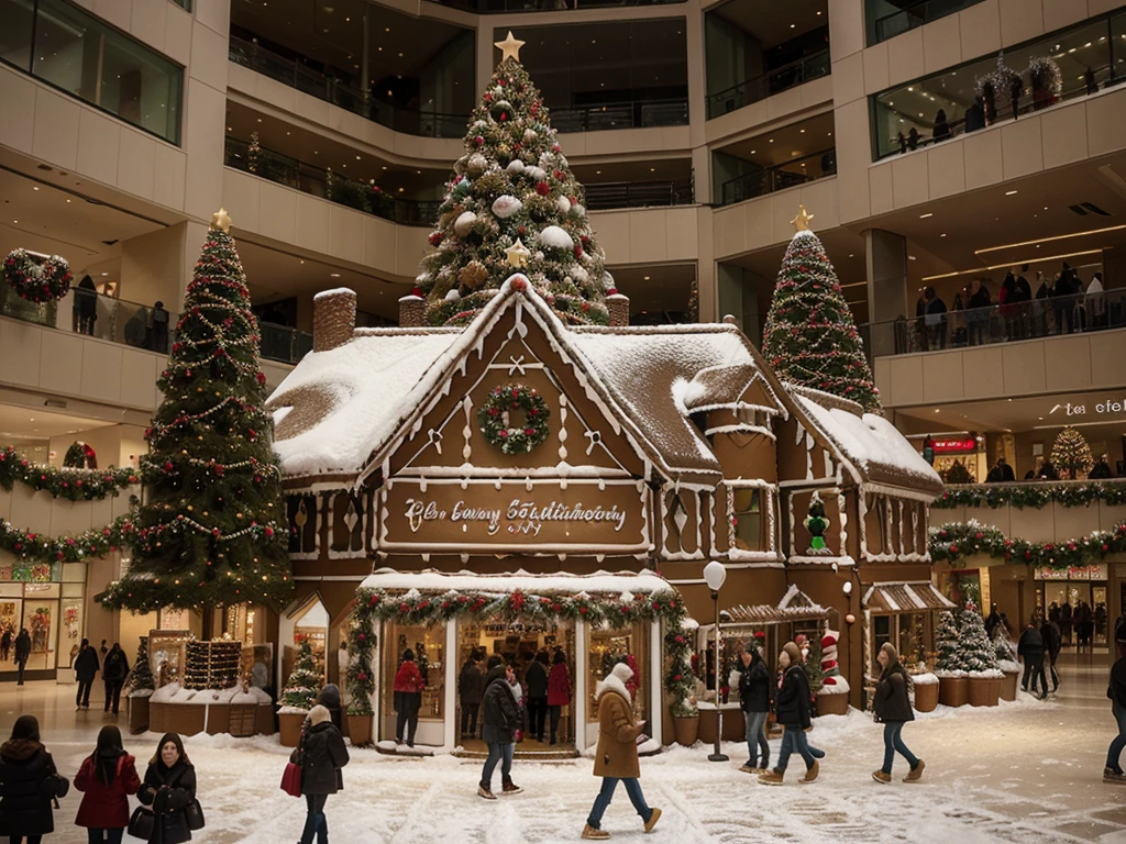 A photorealistic photo of a giant gingerbread house festively decorated for the holidays, displayed in the center court of a modern shopping mall. People in winter clothes walk by in the background.