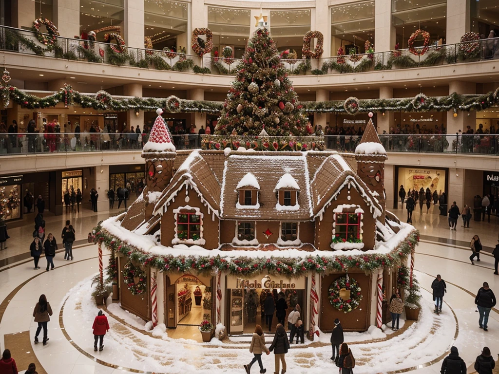 A photorealistic photo of a giant gingerbread house festively decorated for the holidays, displayed in the center court of a modern shopping mall. People in winter clothes walk by in the background.