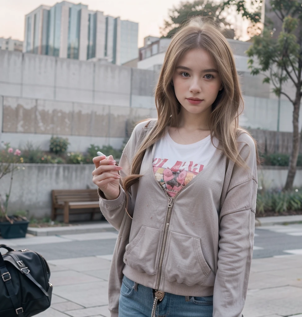 ((best quality)), ((masterpiece)), (detailed), 8k, RAW photo, Fujifilm, style photo of a beautiful young woman as avril in a garden of light pink roses (highly detailed skin: 1.2) Style-Petal BREAK long hair, blonde hair with colored locks, wearing t-shirt, zipper hoodie and blue jean, film granulation, 35mm, cute style, white background
