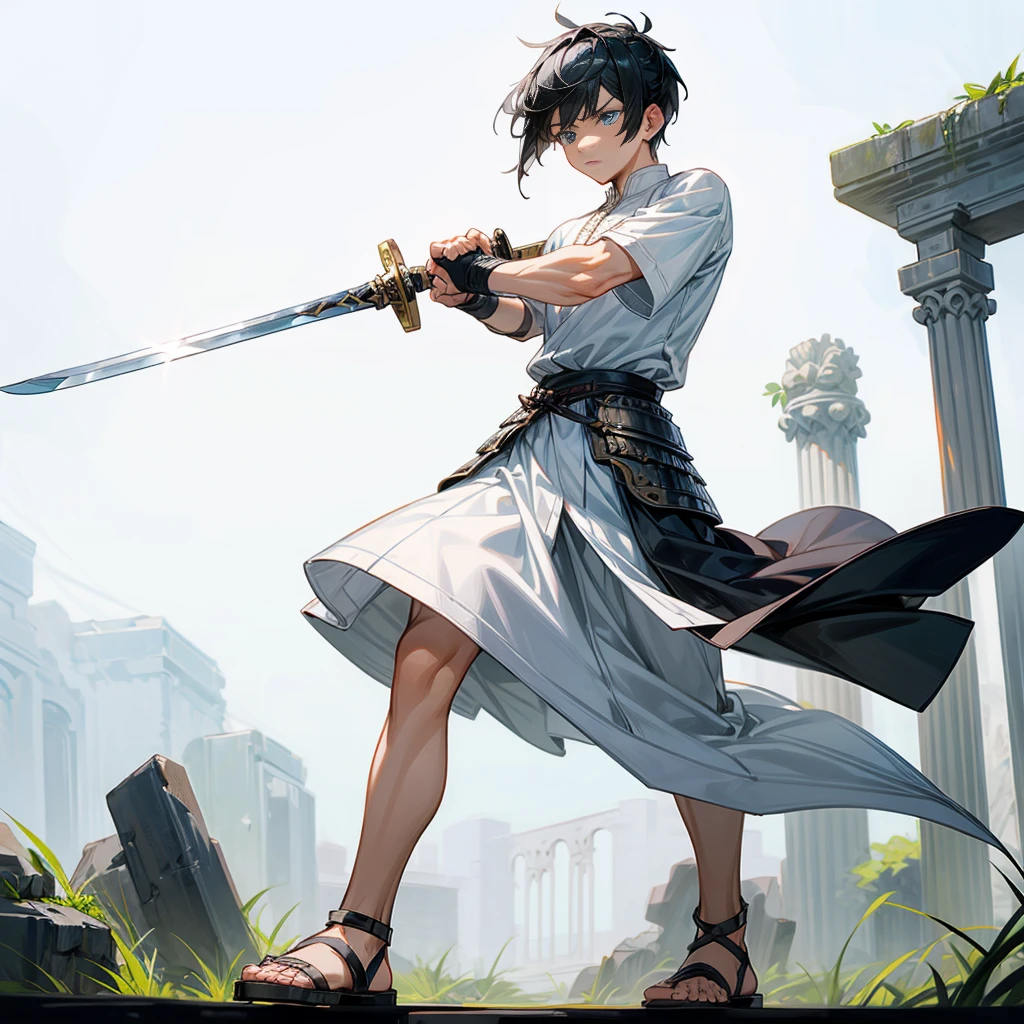 1boys, Full body version, blue eyes, undercut hair, black colour hair, very angry expression, white tunic Ancient Roman clothing, short sleeve shirt, gladiator skirt, gladiator armor, gladiator sandals, Spatha sword in hand, war gesture, Grassroots background