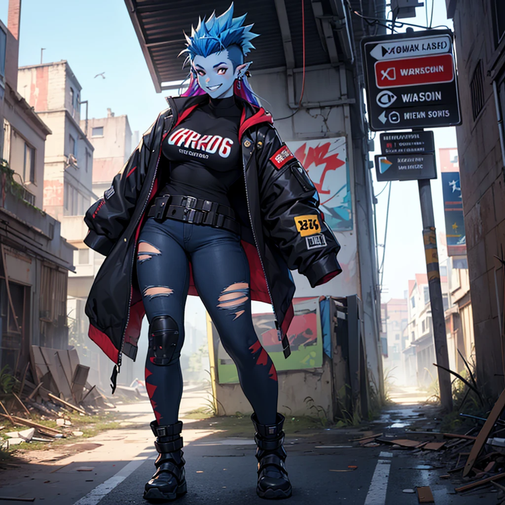 score_9, score_8_up, score_7_up, score_6_up, score_5_up, score_4_up, (((blue skin, full body blue skin))), PnyCmicXLPOS, ((1girl, solo)), detailed, Expressiveh, athletic, fit, muscular, freckles over body, (ear piercings, eyebrow piercing), healthy, beautiful, female, standing, black roadwarrior armor, mad max fashion, smiley face painted on chest, (full body view, head to toes), perfect hands, double ok sign, elven ears, ((multicolored hair, rainbow colored hair, (long hair), mohawk, (shaved sides))), violet eyes, (cyberware lines embedded in her/his face), IncrsAnyasHehFaceMeme, grin, apocalyptic, BattleDamage, cuts, bruises, damaged, torn clothes, blood, outdoors, apocalyptic ruins, large blurry demon in background
