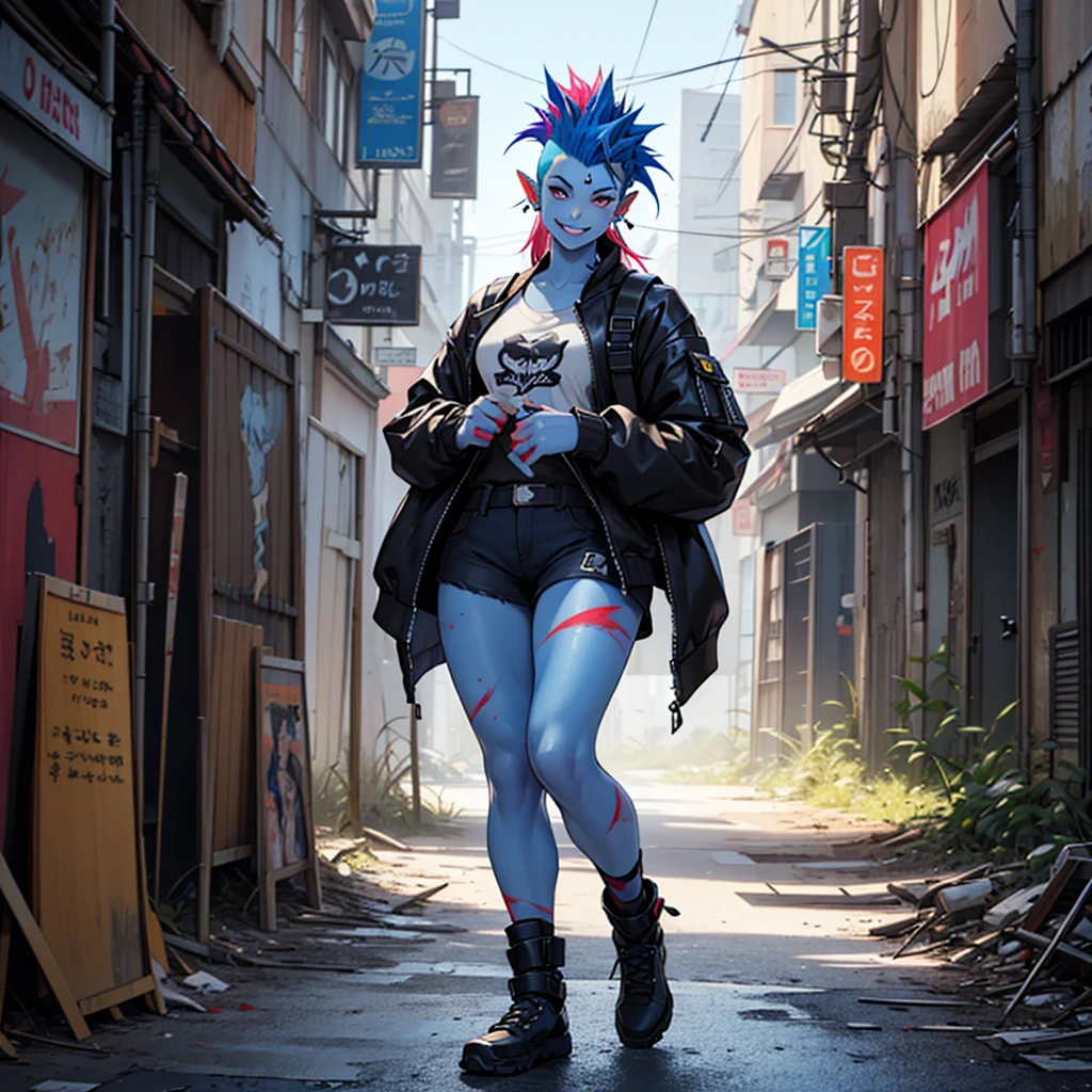 score_9, score_8_up, score_7_up, score_6_up, score_5_up, score_4_up, (((blue skin, full body blue skin))), PnyCmicXLPOS, ((1girl, solo)), detailed, Expressiveh, athletic, fit, muscular, freckles over body, (ear piercings, eyebrow piercing), healthy, beautiful, female, standing, black roadwarrior armor, mad max fashion, smiley face painted on chest, (full body view, head to toes), perfect hands, double ok sign, elven ears, ((multicolored hair, rainbow colored hair, (long hair), mohawk, (shaved sides))), violet eyes, (cyberware lines embedded in her/his face), IncrsAnyasHehFaceMeme, grin, apocalyptic, BattleDamage, cuts, bruises, damaged, torn clothes, blood, outdoors, apocalyptic ruins, large blurry demon in background