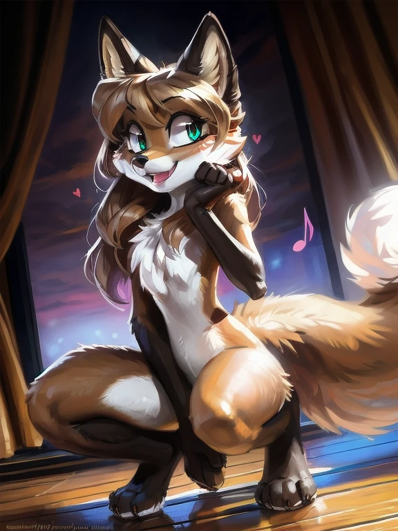uploaded to E621, by Kenket, by Ross Tran, by Michael & Inessa Garmash, by Pino Daeni, by Kiguri, by Alena Aenami, by Ruan Jia, A solo vixen ((female) (anthro) ([foxl])), beautiful and detailed portrait of an anthropomorphic vixen ((female)), anthro fox girl, body fur, flat chest, chest fluff, body fur, curvy, sexy, nice, cute, hot, sassy, sassy hips, smug, (Averi, Fox girl), hi res, photorealism, soft shading, (detailed fur: 1.1), (solo: 1.1), ((beautiful) eyes: 1.1), (detailed eyes: 1.1), (detailed), (masterpiece: 1.2), (athletic), good anatomy, detailed face, speech bubble, heart, hearts, seductive pose, sexy pose, smiling, cute smile, dancing, music notes, music, music note, crouching, red tipped fox tail