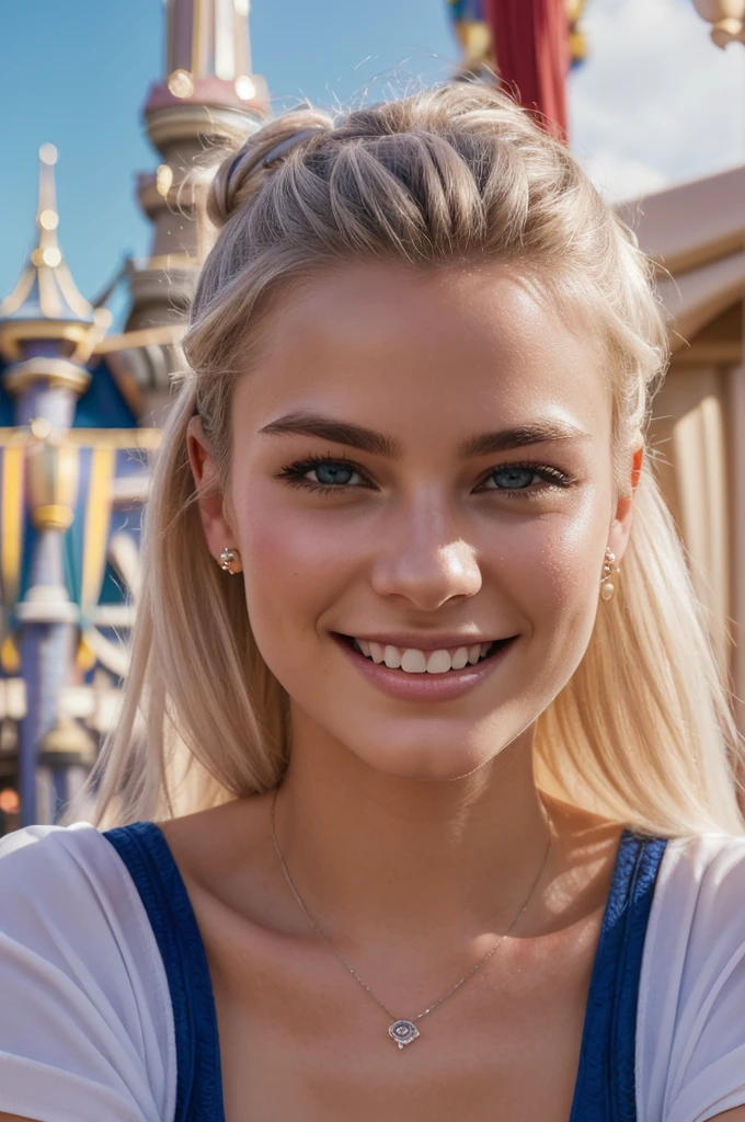 gorgeous, beautiful, 21 years old scandinavian, white hair in a bun, best portrait photo ever, men magazine portrait, beautiful smile, perfect teeth, seductive, flirty, face photo, ((((in disneyland, disneyland background in summer, in front of disneyland gate, Anaheim))), smiling, beautiful blue shirt, detailed skin, realistic, photo-realistic, 8k sharp focus, highly detailed, full length frame, High detail RAW color art, piercing, diffused soft lighting, shallow depth of field, sharp focus, hyperrealism, cinematic lighting