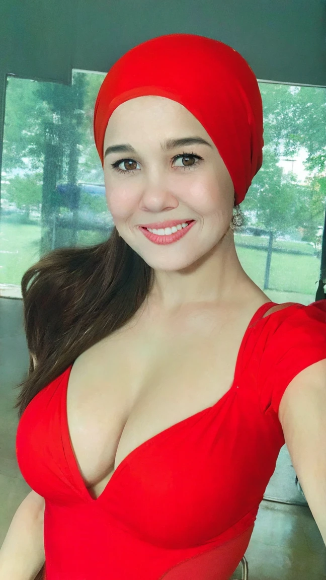 A woman with red hijab, Realistic, Photorealistic, 8K, Masterpiece, Best Quality, High Definition, Live Action, RAW Photo, Single Woman, Beautiful Body,Cleavage, Sexy, red Competitive Swimsuit, 