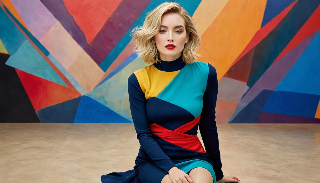 A panoramic photo featuring a woman sitting in front of a colorful, abstract ocean background. She has shoulder-length, slightly wavy, bright blond hair that falls over her shoulders. Her face is delicate and even, with perfectly applied eye makeup and red lips. She looks directly at the camera with a pensive expression. The woman is wearing a striking, battle worn scorpion space suit in the style of abstract expressionism. The dress is made up of geometric shapes in bold colors like yellow, red, blue, and black. The dress has long sleeves and appears to reach her knees. Her left hand supports her face while her right arm rests loosely on her lap. The background consists of large abstract color fields in similar colors to the dress. These color fields are irregularly shaped and resemble a large-scale painting. The colors in the background harmonize with those of the dress, creating a visual connection between the woman and the background. The lighting in the image is soft and even, highlighting the woman.
