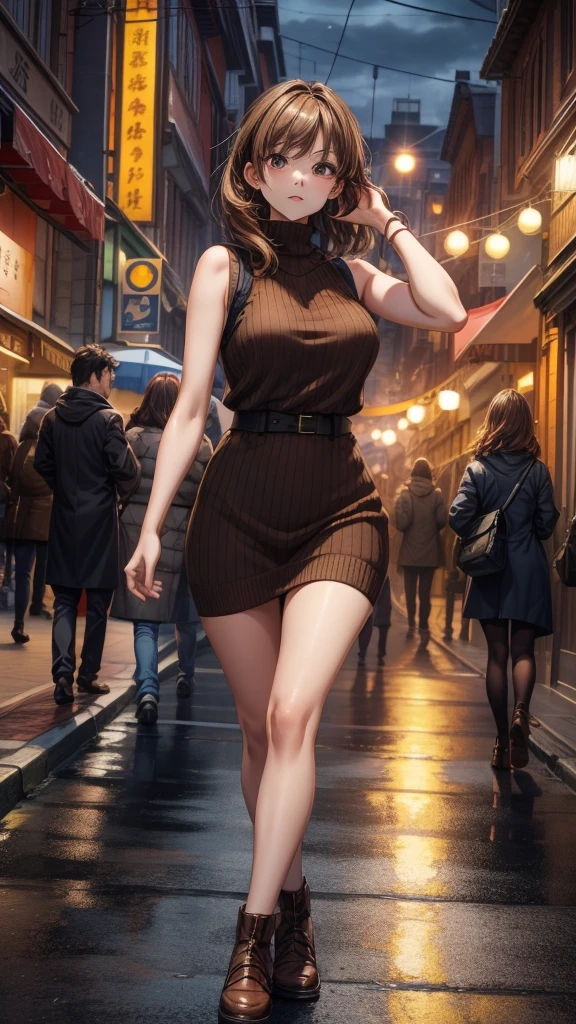 Best Quality, masutepiece, beautiful mature women、Beautiful face、Strong-minded woman、Sleeveless knitwear、brown haired、Brown-eyed、Medium hair、Full body like、Undersized eyes、View of the large suspension bridge in the city、nighttime scene