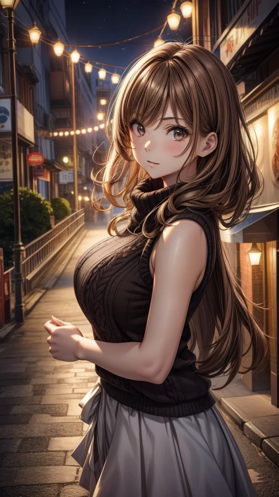 Best Quality, masutepiece, beautiful mature women、Beautiful face、Strong-minded woman、Sleeveless knitwear、brown haired、Brown-eyed、Medium hair、Full body like、Undersized eyes、View of the large suspension bridge in the city、nighttime scene