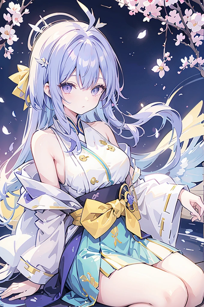Yellow and light blue two-tone hair, purple eyes, Oriental-style clothes, Breasted women, E Cup, Balaur, Yandere expression