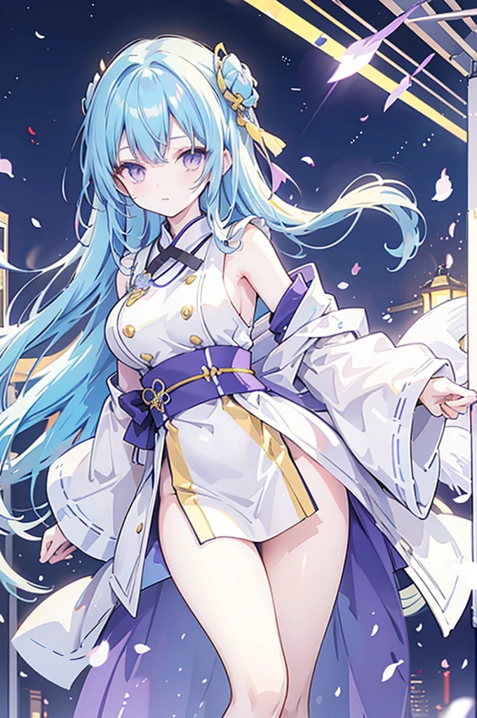 Yellow and light blue two-tone hair, purple eyes, Oriental-style clothes, Breasted women, E Cup, Balaur, Yandere expression