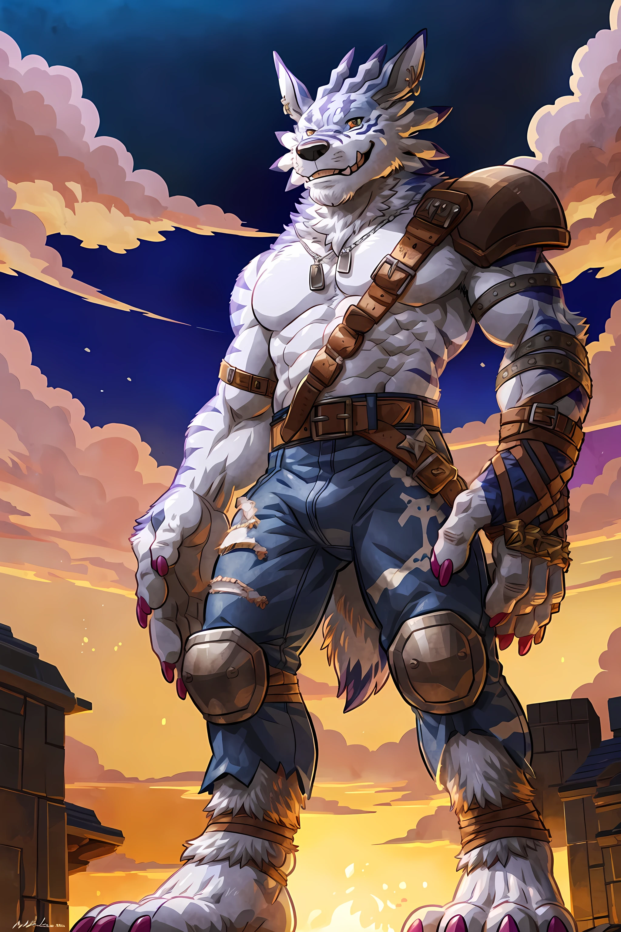 weregarurumon, solo, front view, standing, muscular, male, pauldron, brown belt, detailed belt, full body, orange eyes, smile, high quality, best resolution, cel shaded, by wfa, by rossciaco, dogtags, metal armbands, detailed eyes, blue pants, bare feet, wolf feet, pink claws, big hands, big feet, big head, kneepads, forest background