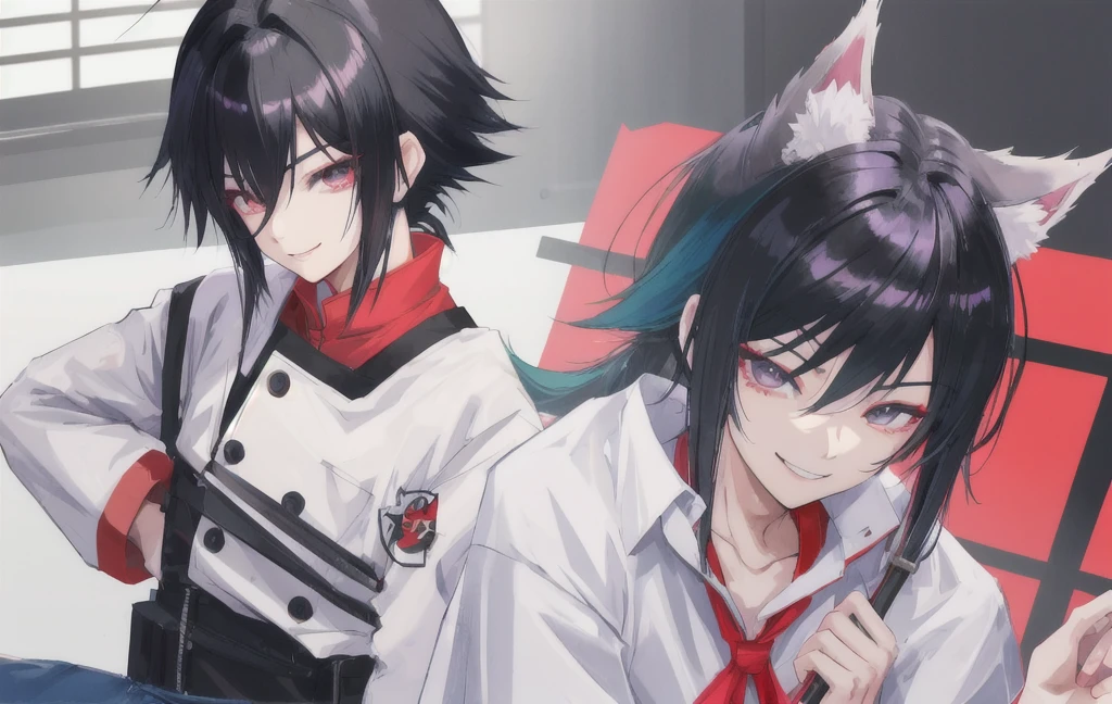 (anime styling) with a naughty smile, Asian, branco como a neve, brawny, androgynous, black mullet hair , (style anime) sexly, with an erect penis, hairless, HD, how much