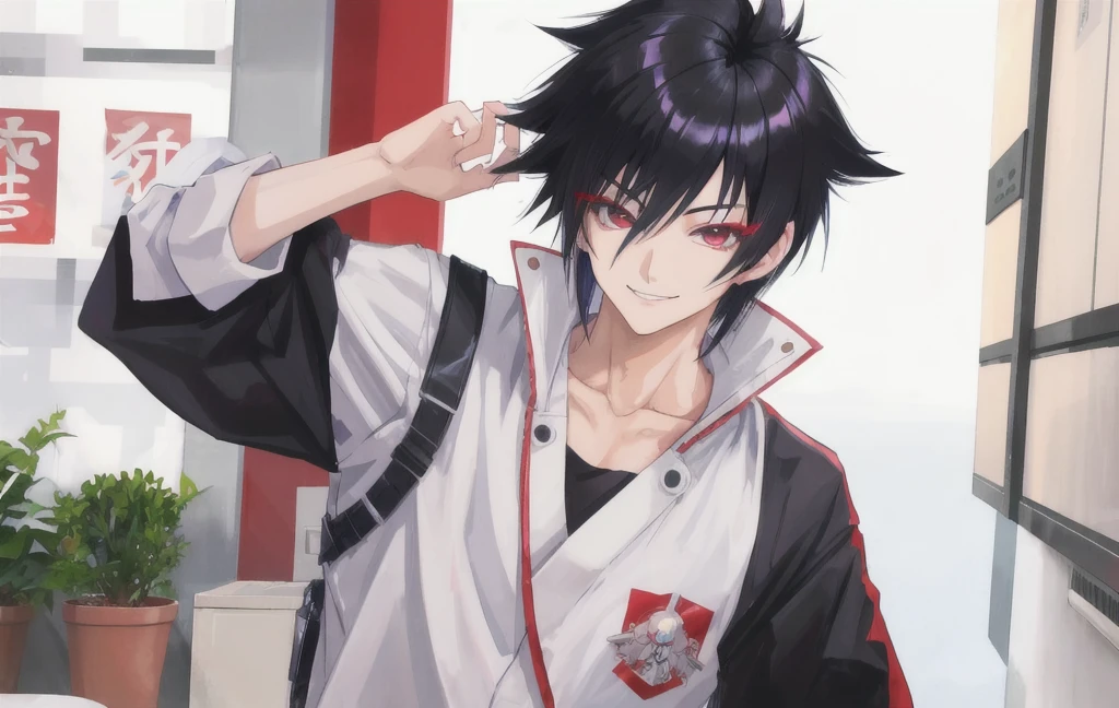 (anime styling) with a naughty smile, Asian, branco como a neve, brawny, androgynous, black mullet hair , (style anime) sexly, with an erect penis, hairless, HD, how much