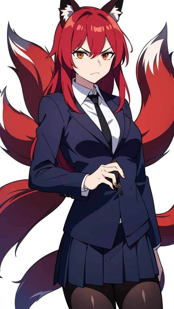 1girl ,solo,20s,mature female,angry face,red hair,long hair,fox ears,(white background, line drawing),shirt,black standard tie,blue blazer,long sleeves, black pleated skirt,(upper body),Nine-tailed fox