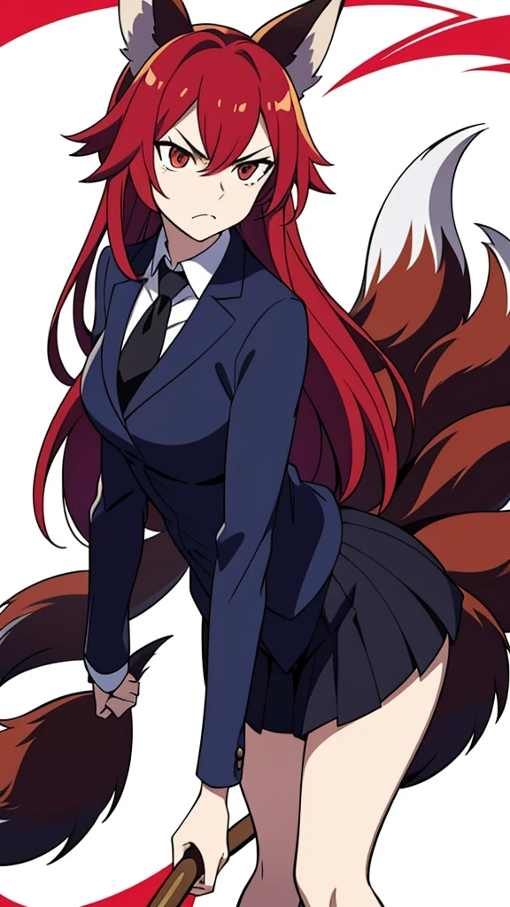 1girl ,solo,20s,mature female,angry face,red hair,long hair,fox ears,(white background, line drawing),shirt,black standard tie,blue blazer,long sleeves, black pleated skirt,(upper body),Nine-tailed fox