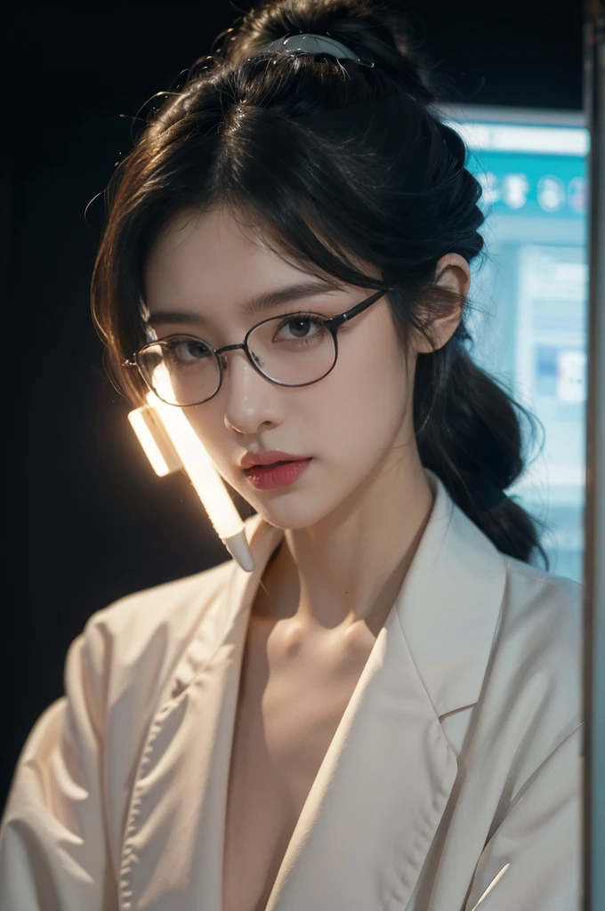 (((best quality))),(((ultra detailed))),(((masterpiece))),illustration,1girl, slender, delicate, girl, futuristic, laboratory, advanced equipment, experimental tools, white lab coat, short ponytail, glasses, smart, intellectual, slim, innocent, youthful, dark atmosphere, neon lights, advanced computer monitor, lost in thought, scientific exploration, mystery, adventure, attractive, intellectual, dark background, neon lights, unique, exciting, spirit of discovery