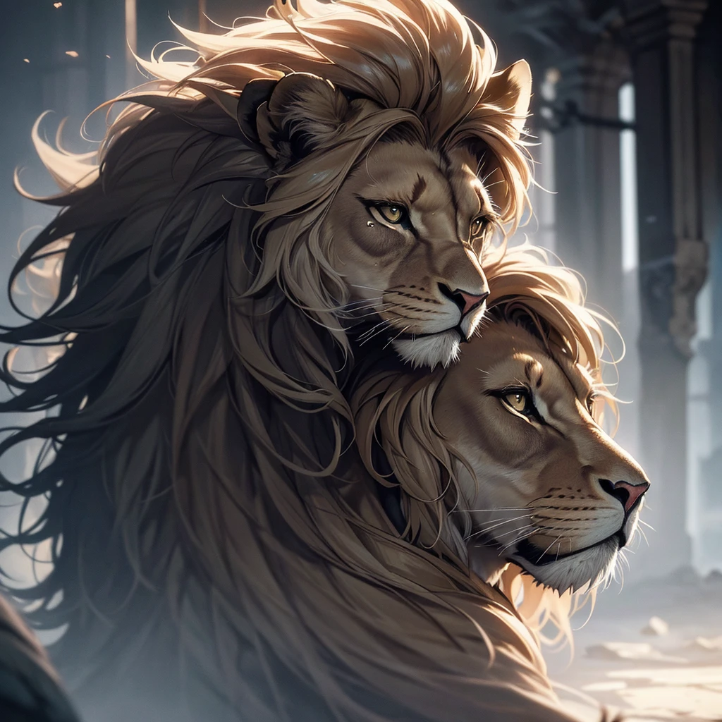a sorrowful majestic lion, crying tears, striking emotional pose, three lions in total, detailed fur textures, dramatic lighting, moody colors, cinematic composition, fantasy realism, ultra-detailed, 8k, photorealistic