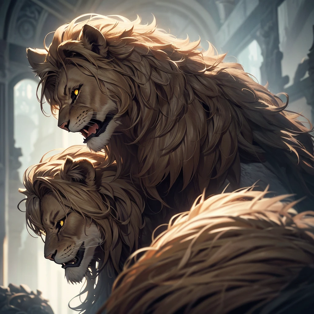 a sorrowful majestic lion, crying tears, striking emotional pose, three lions in total, detailed fur textures, dramatic lighting, moody colors, cinematic composition, fantasy realism, ultra-detailed, 8k, photorealistic