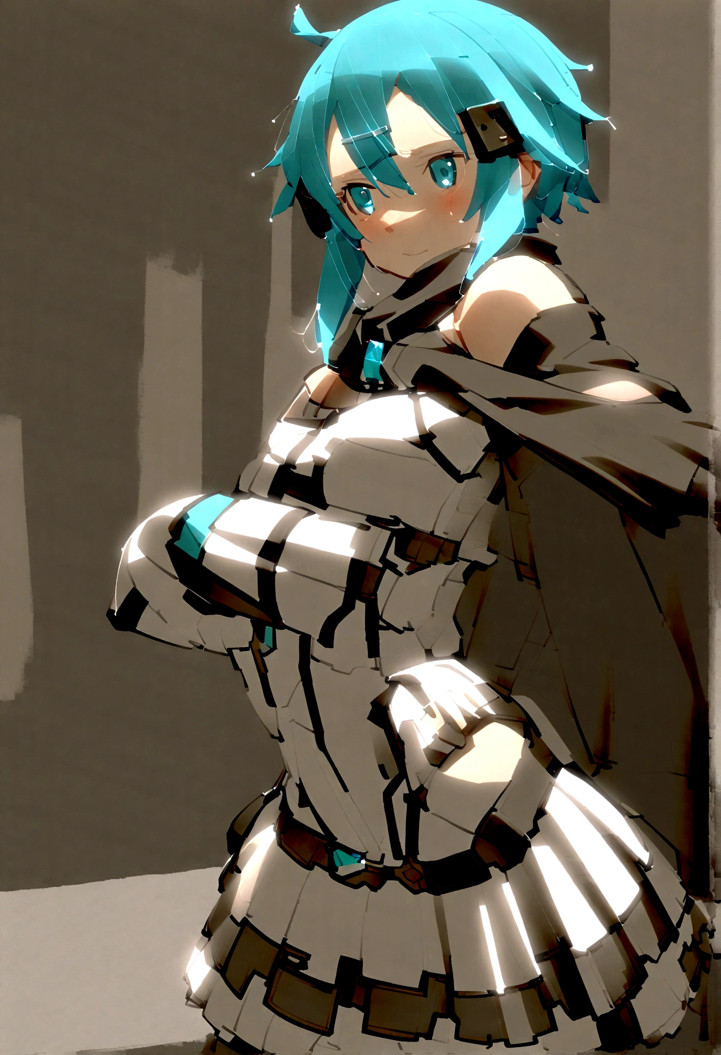 NSFW,masterpiece,Highest quality,High resolution,Super detailed,Sinon\(Sword Art Online\),Bare shoulders,Removable sleeves,Hand guard,leotard,Cape,Frilled mini skirt,gem, hair ornaments, Hair Clip,Embarrassed,expectant face,(Lust),(Estrus),blush,Fantasy,Adventurer's Guild,reception,indoor,(male),(maleが肩に腕を回し無理矢理抱き寄せる)