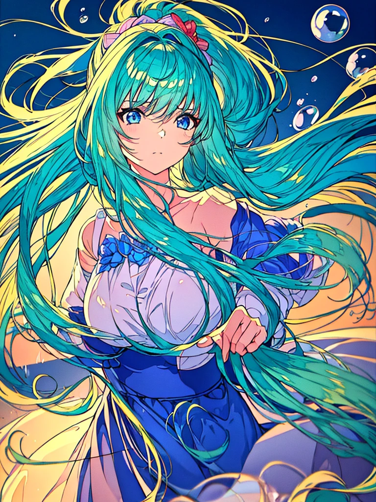 (masterpiece), (Highest quality), (Super detailed),(Disheveled Hair),(figure), (One girl), (Fashionable clothes), Are standing, Fashion Model, View your viewers, (interview), (Simple Background),Beautiful attention to detail, Delicate and beautiful face, floating,(High saturation),(Colorful splashes),Colorful Bubbles,(The Shining), Focus on the face,  ponytail, kamisato ayaka, Light blue hair, bangs, Hair Ring, Floating Flowers, Floating hair, (The Shining), Best lighting, Best Shadow,