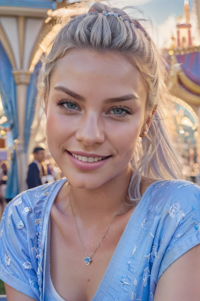 gorgeous, beautiful, 21 years old scandinavian, white hair in a bun, best portrait photo ever, men magazine portrait, beautiful smile, perfect teeth, seductive, flirty, face photo, ((((in disneyland, disneyland background in summer, in front of disneyland gate, Anaheim))), smiling, beautiful blue shirt, detailed skin, realistic, photo-realistic, 8k sharp focus, highly detailed, full length frame, High detail RAW color art, piercing, diffused soft lighting, shallow depth of field, sharp focus, hyperrealism, cinematic lighting
