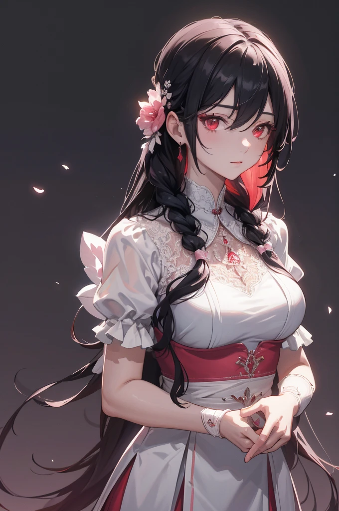 (very delicate, Masterpiece, Excellent lighting and shadows, HD wallpaper 8K), black hair, red eyes, Periodically translucent white clothing, Look at the upper body., lace hair accessory, fair, pink skin, tied at the waist, Side braid swing, big breasts.