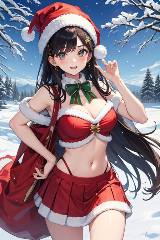 1 person, Santa Costume、skirt、、beautiful girl、Navel exposed、the snow's、night、Esbian all over、Are standing、Knee-high boots、For viewers、(Big Breasts:0.5)、Shiny skin