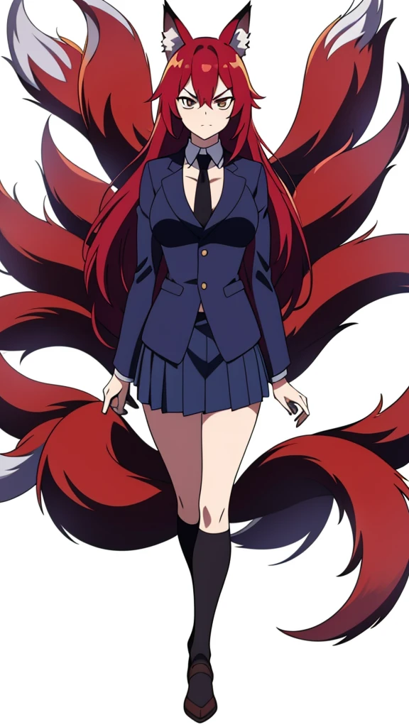 1girl ,solo,20s,mature female,angry face,red hair,long hair,fox ears,(white background),shirt,black standard tie,blue blazer,long sleeves, black pleated skirt,Nine-tailed fox