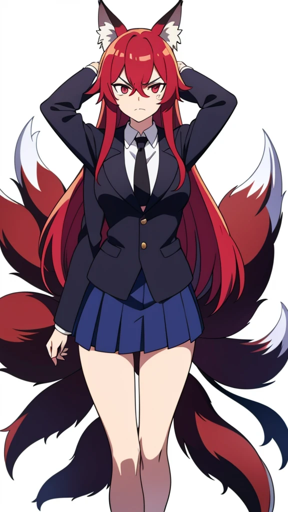 1girl ,solo,20s,mature female,angry face,red hair,long hair,fox ears,(white background),shirt,black standard tie,blue blazer,long sleeves, black pleated skirt,Nine-tailed fox