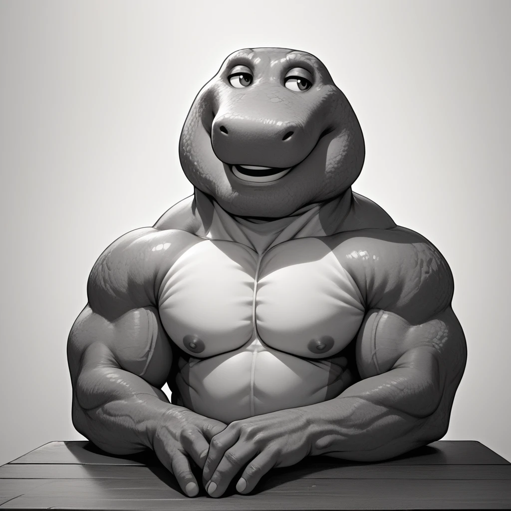 score_9, score_8_up, score_7_up, score_6_up, source_cartoon, BREAK, 1boy, barney the dinosaur, gigachad, black and white, smile, posing, chiseled jawline, muscular, 2D, sitting, looking away, upper body, leaning forward, broad pecs 