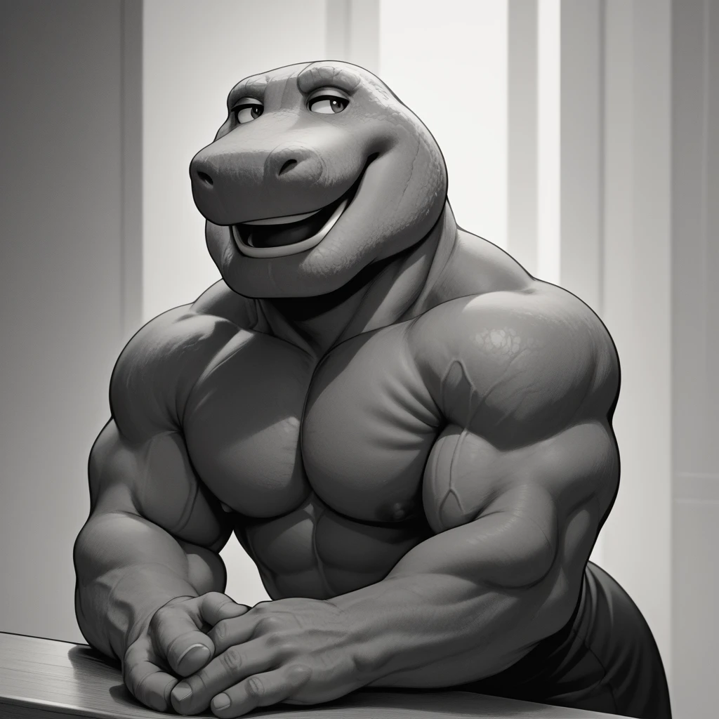 score_9, score_8_up, score_7_up, score_6_up, source_cartoon, BREAK, 1boy, barney the dinosaur, gigachad, black and white, smile, posing, chiseled jawline, muscular, 2D, sitting, looking away, upper body, leaning forward, broad pecs 