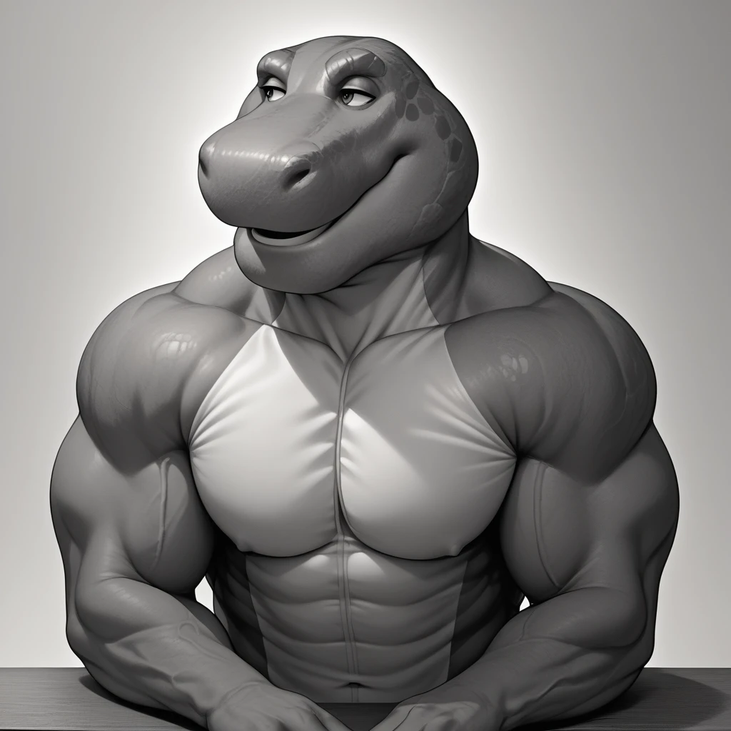 score_9, score_8_up, score_7_up, score_6_up, source_cartoon, BREAK, 1boy, barney the dinosaur, gigachad, black and white, smile, posing, chiseled jawline, muscular, 2D, sitting, looking away, upper body, leaning forward, broad pecs 