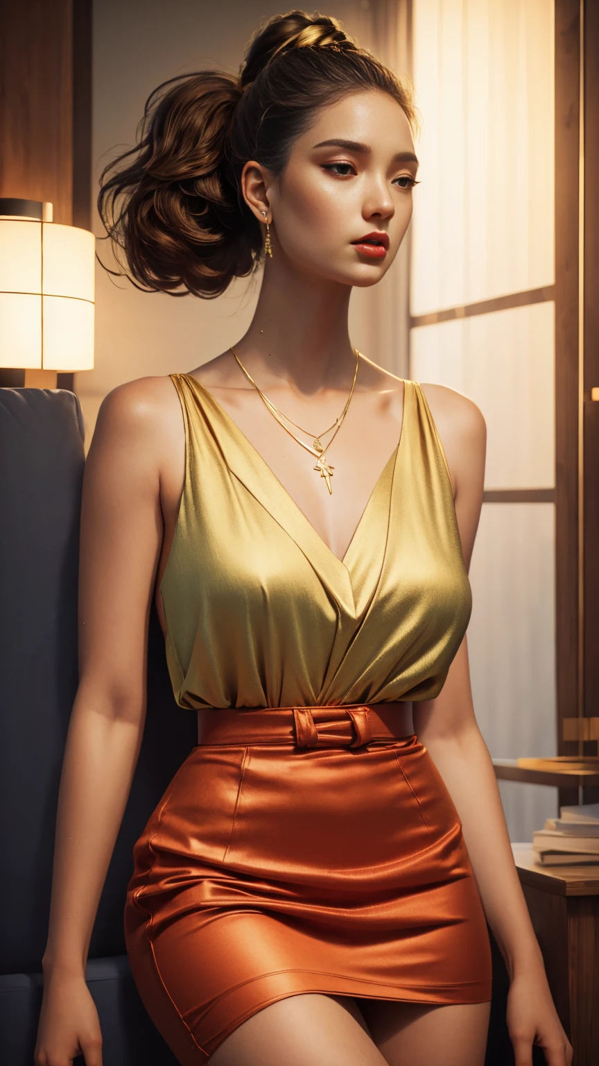 a beautiful woman, hazelnut eyes, tight ponytail, athletic build, skirt, high heels, diamond earrings, gold bracelets, delicate gold necklace, (best quality,4k,8k,highres,masterpiece:1.2),ultra-detailed,(realistic,photorealistic,photo-realistic:1.37),studio lighting,physically-based rendering,extreme detail description,vivid colors,portrait