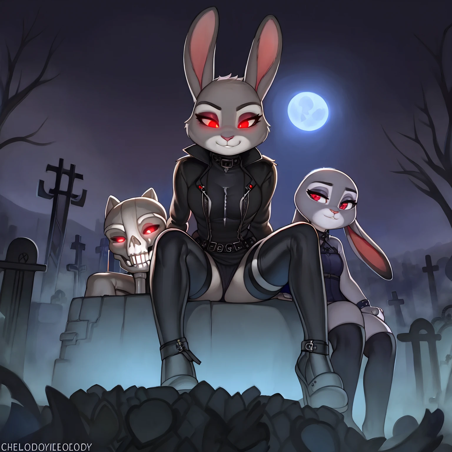 By chelodoy,2 girls, Judy Hopps, goth outfit , stockings, sitting on the skeleton, red eyes, glowing eyes, smirk, holding skull, on the graveyard, fog, night, (detailed face, detailed eyes)