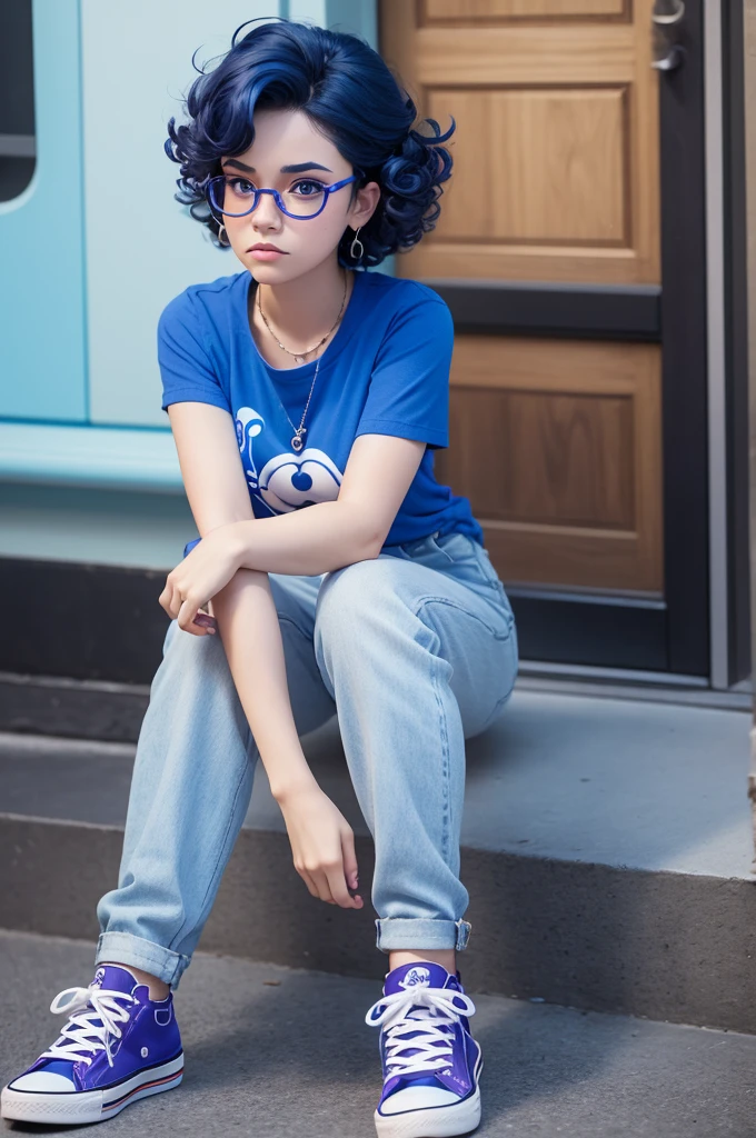 Fun Disney Pixar style 3D cartoon girl character, with blue skin, glasses, square lenses and dark purple rims, very strong blue curly hair, shirt of; beige knit with high collar, dark blue pants and all star style sneakers. sad face
