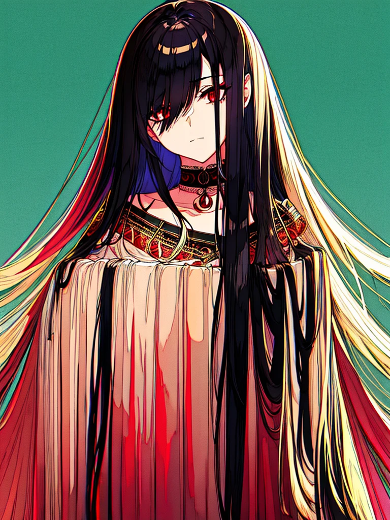 Highest quality, Intricate details, chromatic aberration, One girl, Long Hair, Black Hair, Messy Hair, Red highlights, Hair on one eye, Red eyes, Sharp eyes, choker,, , Armband, Put your arms behind your back, Arms tied,  