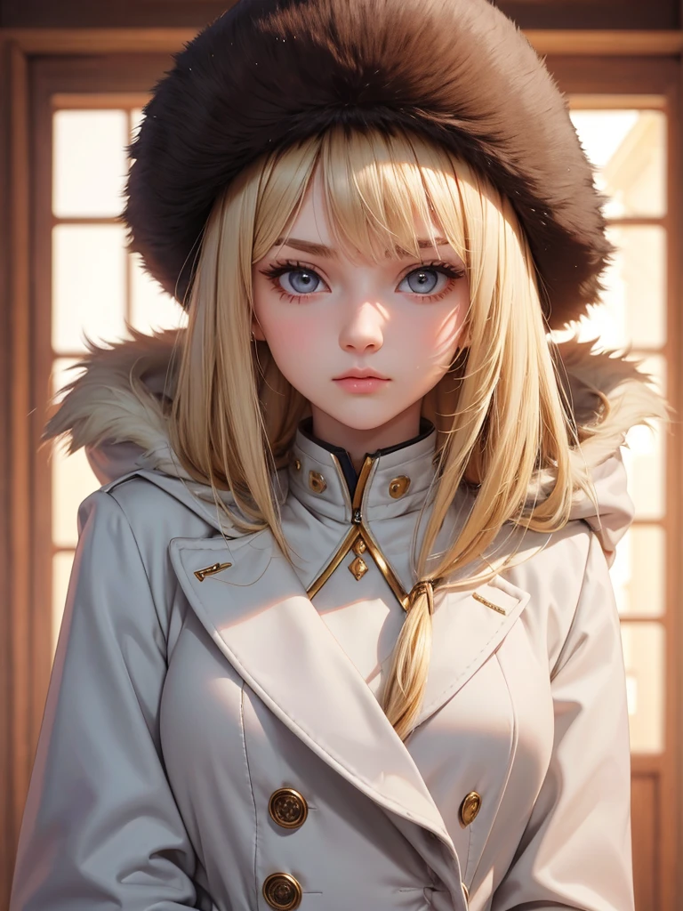(best quality), 1girl, russian, female, porcelain skin, blonde hair, straight hair, medium hair, swoopy tips, brown eyes, perfect eyes, slender, ushanka hat, coat, fully clothed, small bust, shy, masterpiece, anatomically correct, highres
