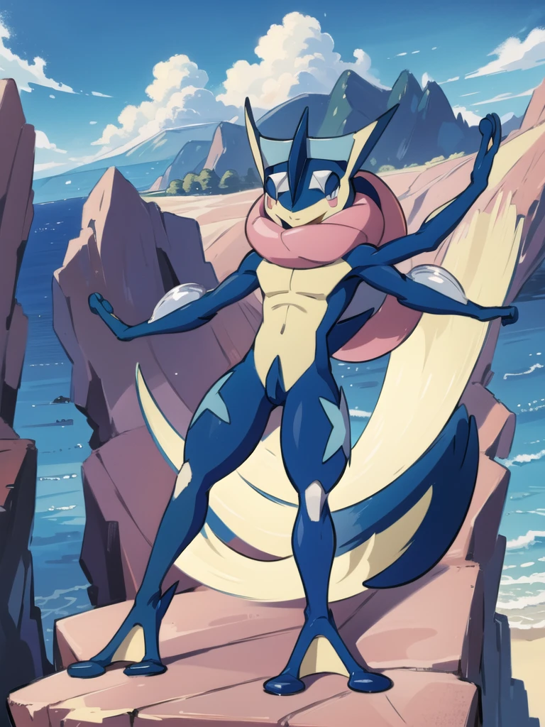 (masterpiece, best quality:1.2),solo,greninja \(pokemon\),pokemon \(creature\),full body,no humans,outstretched arms, long tongue, blue skin,looking at viewer,blue sky