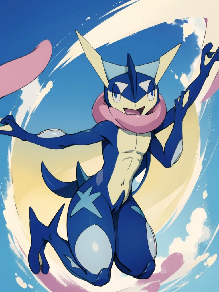 (masterpiece, best quality:1.2),solo,greninja \(pokemon\),pokemon \(creature\),full body,no humans,outstretched arms, long tongue, blue skin,looking at viewer,blue sky