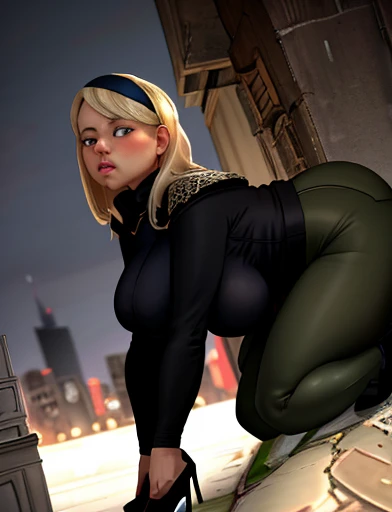 (masterpiece,best quality,absurdres,beautiful,aesthetic,detailed),cinematic angle, (Detailed face:1.2), (Detailed eyes:1.2), 1girl, solo (Gwen Stacy:1.1), curvy, bottom heavy,platinum blonde hair, bright blue eyes, ((Wearing: Black headband, olive green sweater, black leggings, black heels)), she is outside on New York streets, crowds of people on the surroundings, busy atmosphere, cinematic lighting, detailed background, she tries to squeeze and crawl through a hole in the wall but she is tightly stuck in the hole by her hips, but its no good, she's too wide, she gained a little too much weight lately, plump. she sighs waiting for spider man to save her