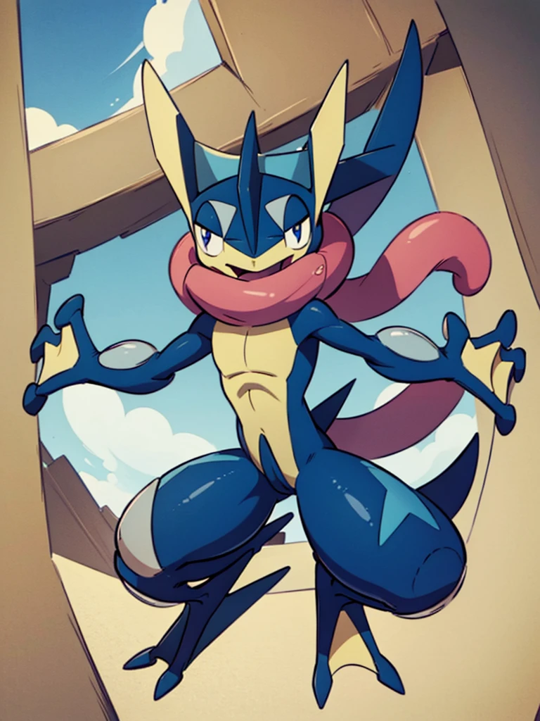 (masterpiece, best quality:1.2),solo,greninja \(pokemon\),pokemon \(creature\),full body,no humans,outstretched arms, long tongue, blue skin,looking at viewer,blue sky