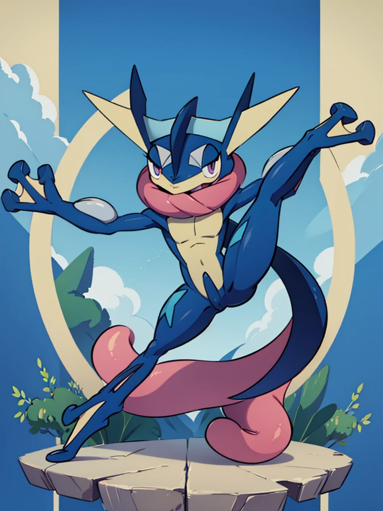 (masterpiece, best quality:1.2),solo,greninja \(pokemon\),pokemon \(creature\),full body,no humans,outstretched arms, long tongue, blue skin,looking at viewer,blue sky