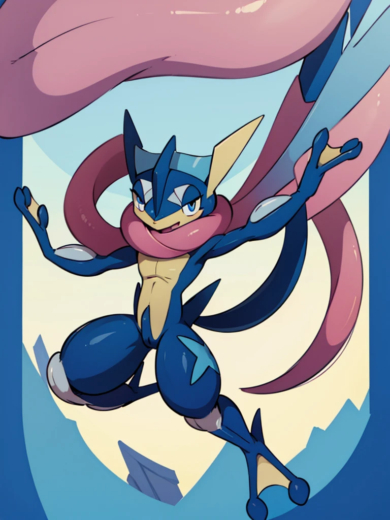 (masterpiece, best quality:1.2),solo,greninja \(pokemon\),pokemon \(creature\),full body,no humans,outstretched arms, long tongue, blue skin,looking at viewer,blue sky