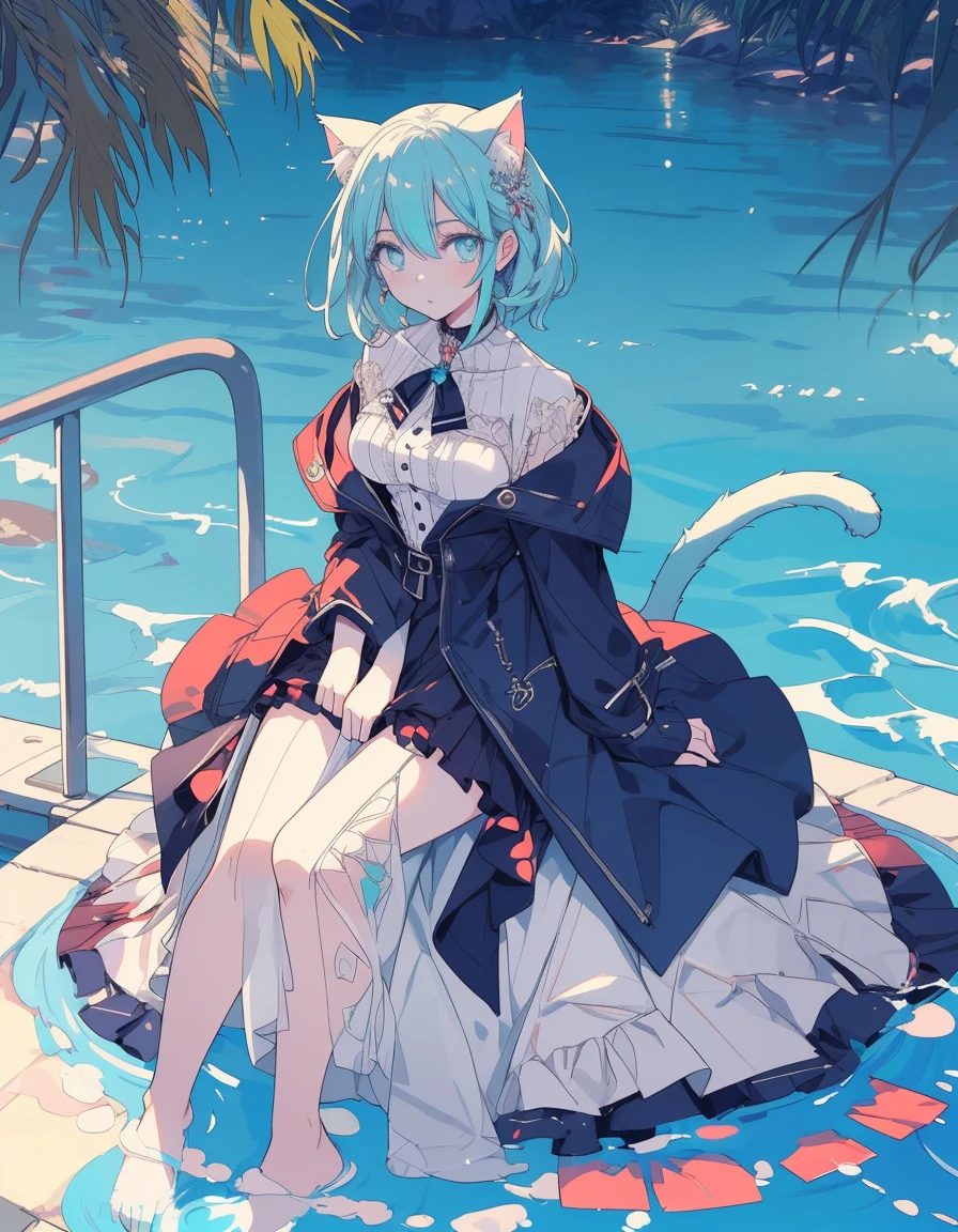 full body, water mirror lake, ((masterpiece, best quality:1.5)), ((Beautiful detailed cat aqua eyes:1.2)), cat ears, pale skin, medium breasts, beautiful hands, beautiful fingers, EasyNegative