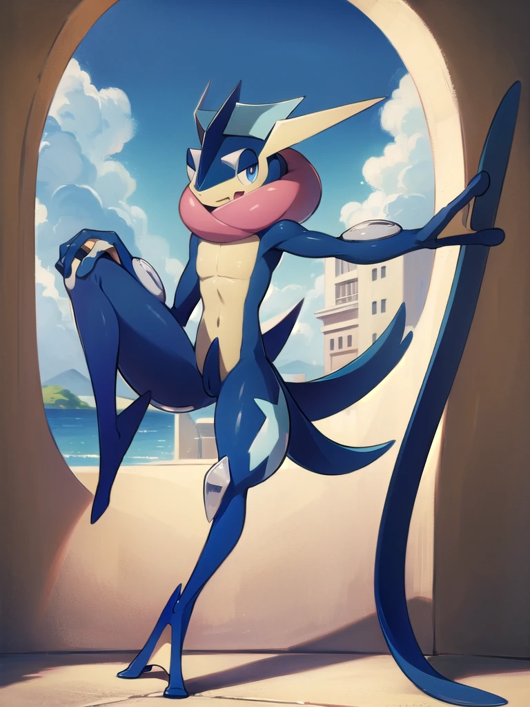 (masterpiece, best quality:1.2),solo,greninja \(pokemon\),pokemon \(creature\),full body,no humans,outstretched arms, long tongue, blue skin,looking at viewer,blue sky