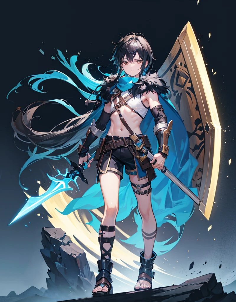 Young boy with black hair, brown eyes and fair skin, innocent and happy, wearing neon blue barbarian fur tunic, black shorts, gauntlets and sandals, weilding sword and shield, blue armor, fullbody, medieval background, boyish athletic