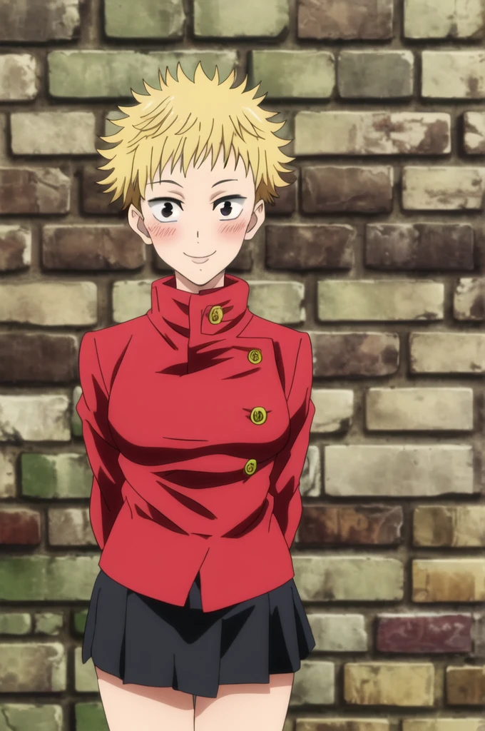 masterpiece, best quality, 1girl, reference maki zenin, jujutsu kaisen, portrait, cowgirl shot, standing, against wall, brick wall, (arms behind back), looking at viewer, blonde hair, wolf cut, black eyes, smile, light blush, (black gakuran, black small skirt),