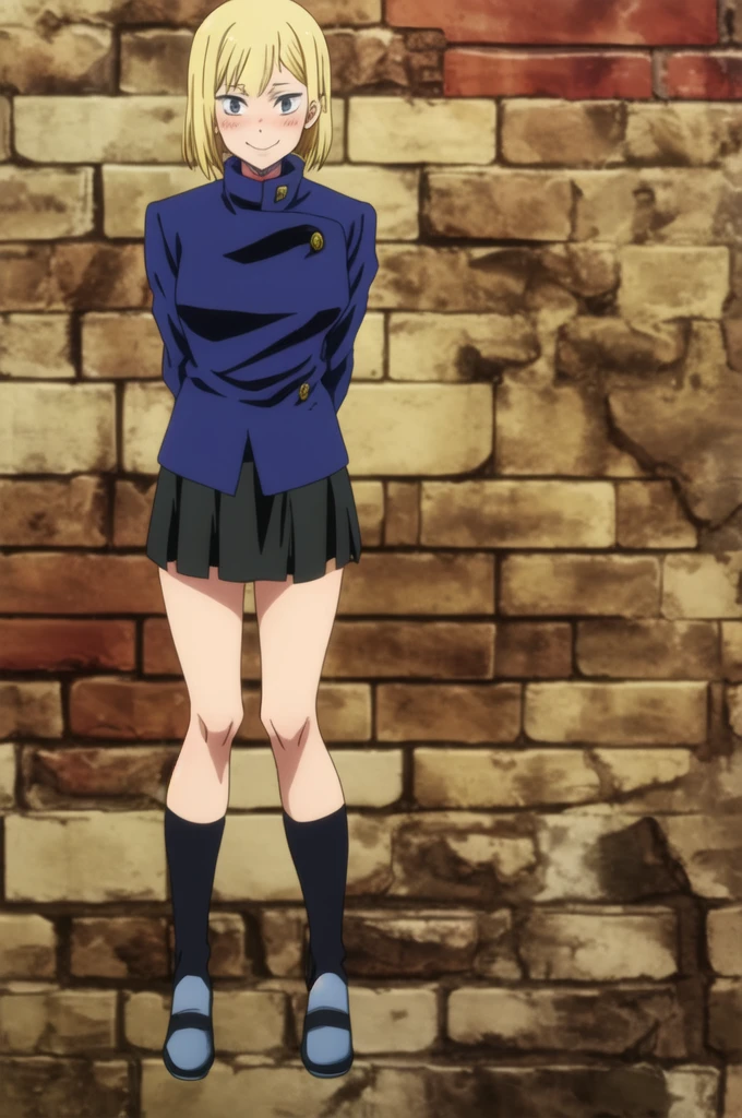 masterpiece, best quality, 1girl, reference maki zenin, jujutsu kaisen, portrait, cowgirl shot, standing, against wall, brick wall, (arms behind back), looking at viewer, blonde hair, wolf cut, black eyes, smile, light blush, (black gakuran, black small skirt),