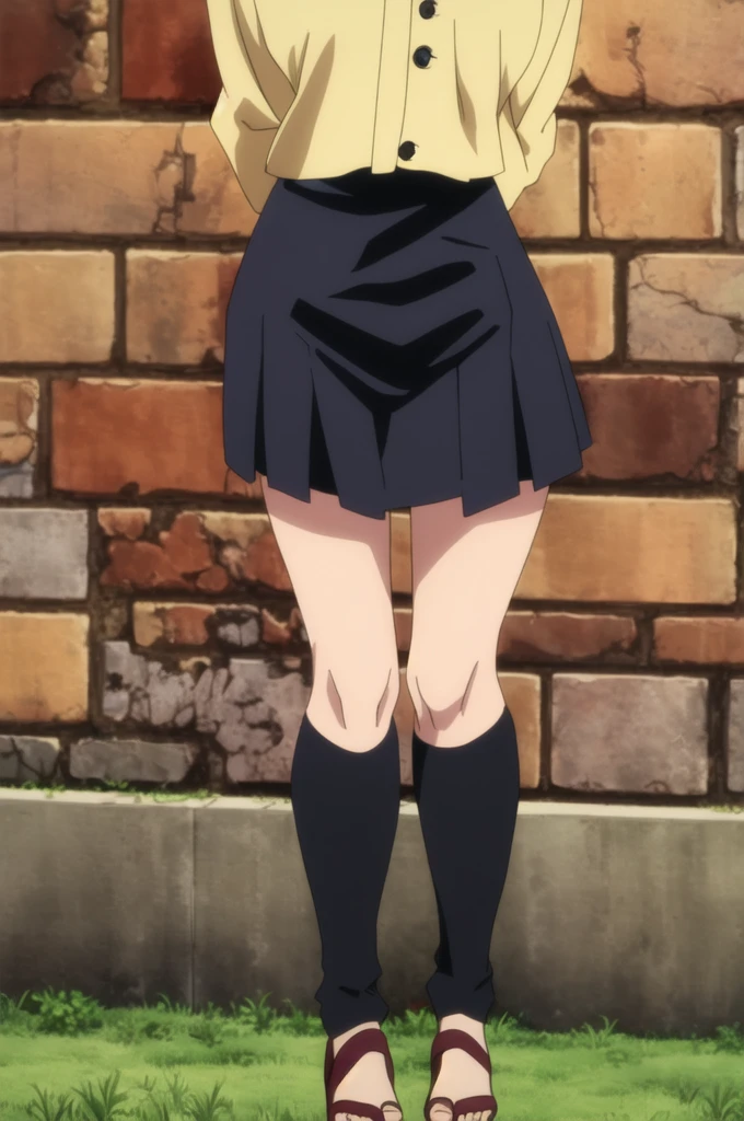 masterpiece, best quality, 1girl, reference maki zenin, jujutsu kaisen, portrait, cowgirl shot, standing, against wall, brick wall, (arms behind back), looking at viewer, blonde hair, wolf cut, black eyes, smile, light blush, (black gakuran, black small skirt),