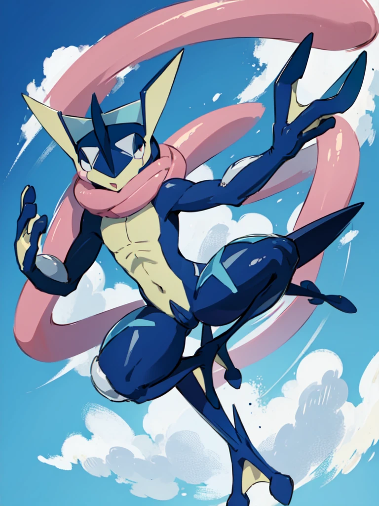 (masterpiece, best quality:1.2),solo,greninja \(pokemon\),pokemon \(creature\),full body,no humans,outstretched arms, long tongue, blue skin,looking at viewer,blue sky